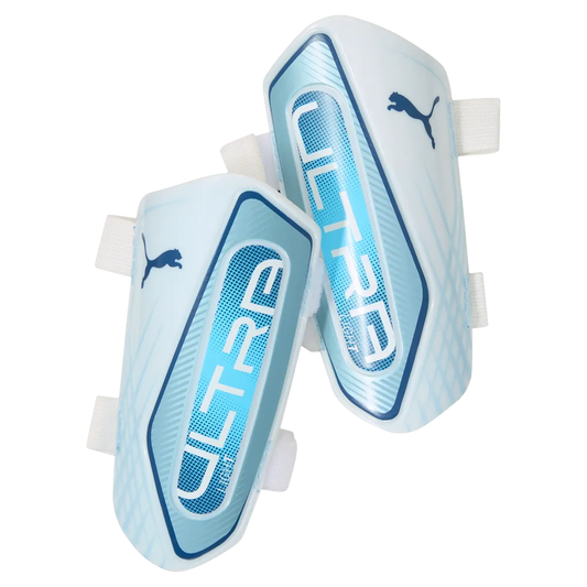 PUMA ULTRA LIGHT STRAP SHIN PAD - Icy Blue, front view pair of shin guards