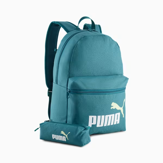 PUMA PHASE BACKPACK BAG SET - Emerald Ice, front view showing backpack and matching pencil pouch