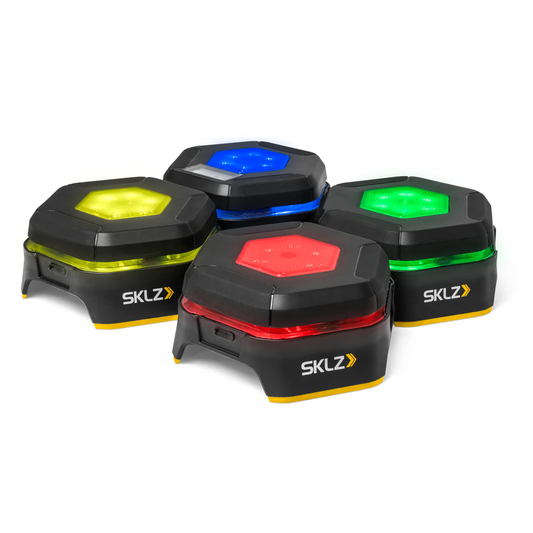 SKLZ REACTIVE FLASH - 4 LED training pods stacked showing yellow, blue, green and red colors