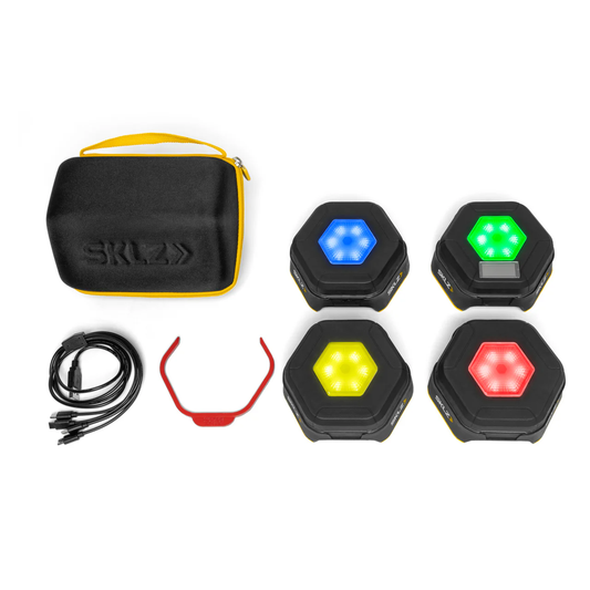 SKLZ REACTIVE FLASH - complete set with 4 LED pods, carrying case and charging cable on white background