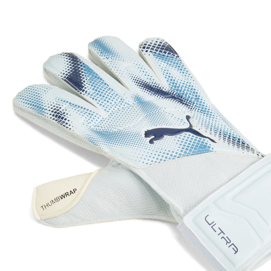 PUMA ULTRA PLAY RC GOAL KEEPER GLOVES - Icy Blue/Blue Jewel, back view showing thumb wrap and PUMA logo