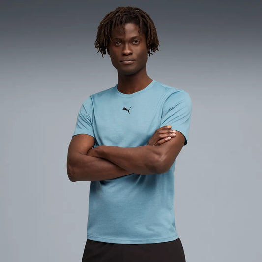 PUMA TAD Essential Short Sleeve Tee Mens - Baltic Sea Blue, model wearing tee with arms crossed