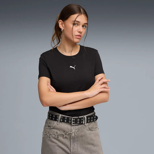 PUMA ESSENTIAL CENTERED CAT SHORT SLEEVE TEE LADIES - Black, lifestyle front view worn by model