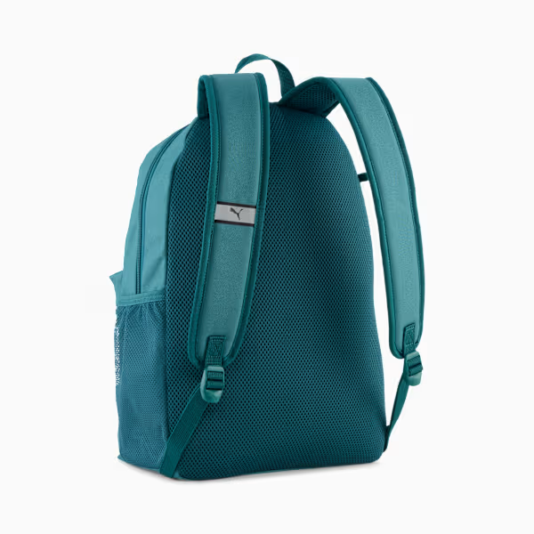 PUMA PHASE BACKPACK BAG SET - Emerald Ice, back view showing mesh pocket and PUMA logo