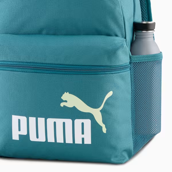 PUMA PHASE BACKPACK BAG SET - Emerald Ice, close-up detail showing PUMA logo and side pocket
