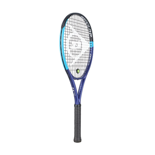 Dunlop FX Team 100 Tennis Racket - angle view showing frame and string pattern, Navy/Teal color