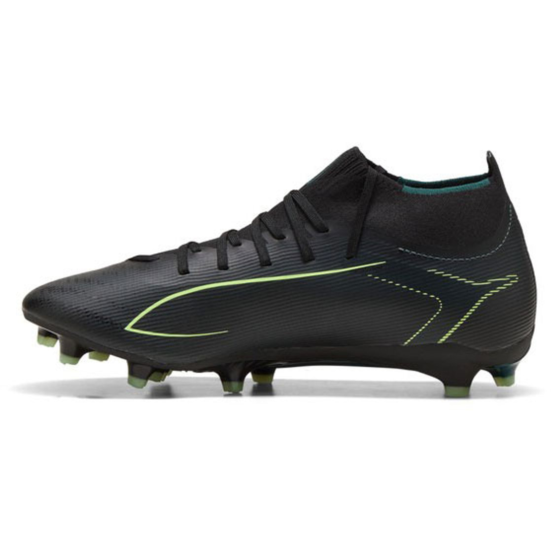PUMA ULTRA 6 Match+ FG/AG Mens Soccer Cleats - Black/Green Terrain, side view