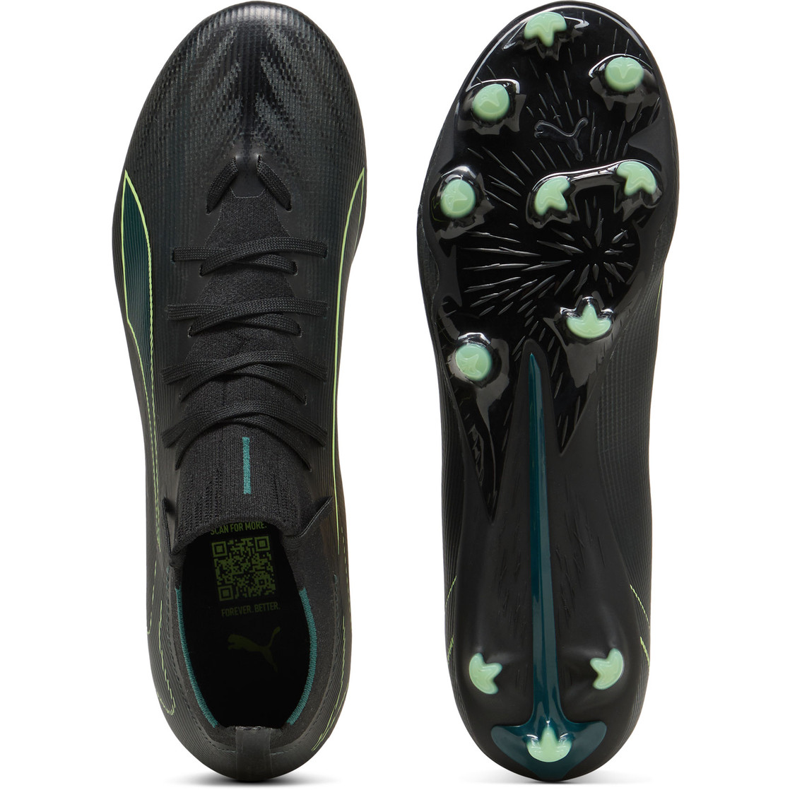 PUMA ULTRA 6 Match+ FG/AG Mens Soccer Cleats - Black/Green Terrain, top and sole view