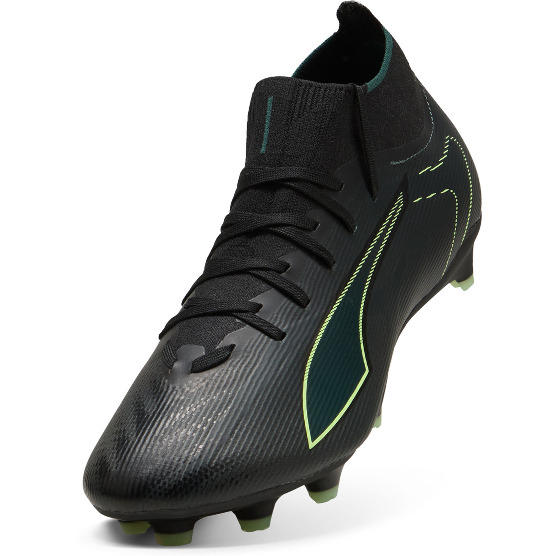 PUMA ULTRA 6 Match+ FG/AG Mens Soccer Cleats - Black/Green Terrain, back view