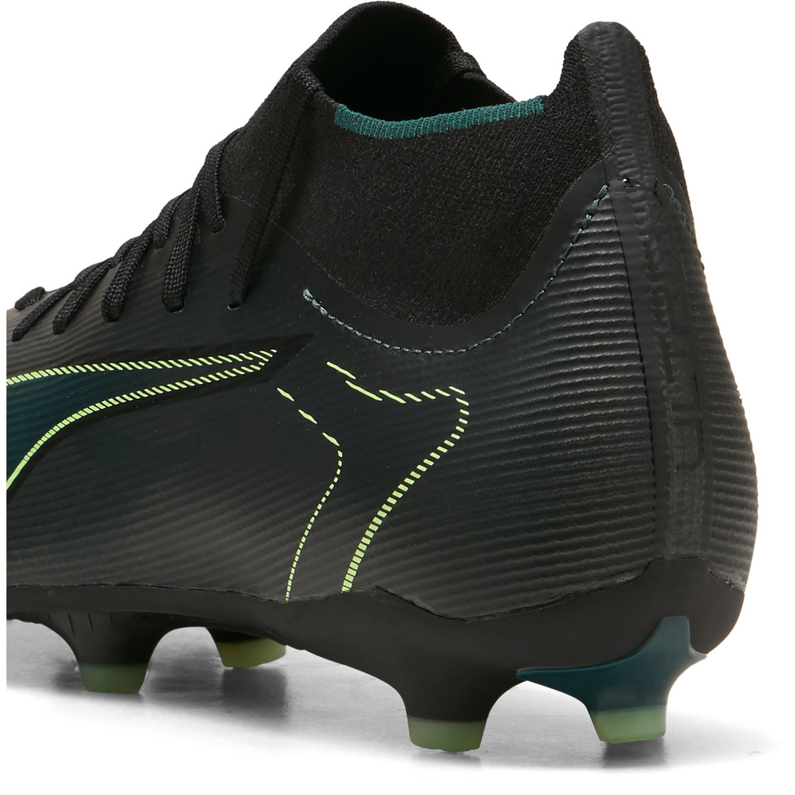 PUMA ULTRA 6 Match+ FG/AG Mens Soccer Cleats - Black/Green Terrain, heel detail view