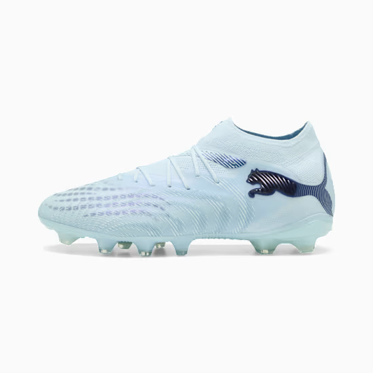 PUMA FUTURE 9 PRO FG/AG MENS - Icy Blue/Blue Jewel, lateral side view showing NanoGrip technology and Puma logo