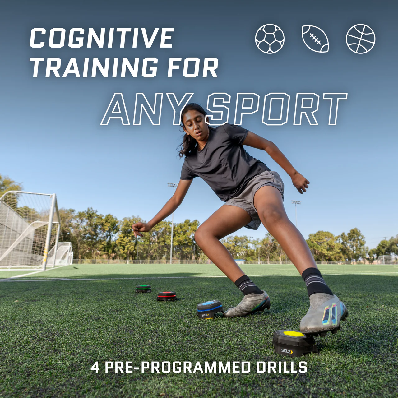 SKLZ REACTIVE FLASH - cognitive training for any sport, athlete using LED pods on soccer field