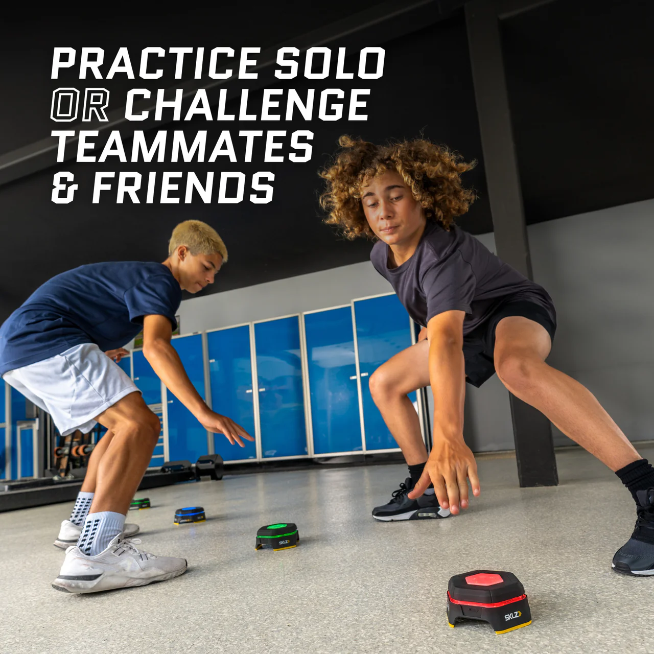 SKLZ REACTIVE FLASH - two athletes competing with LED pods in gym, practice solo or challenge teammates