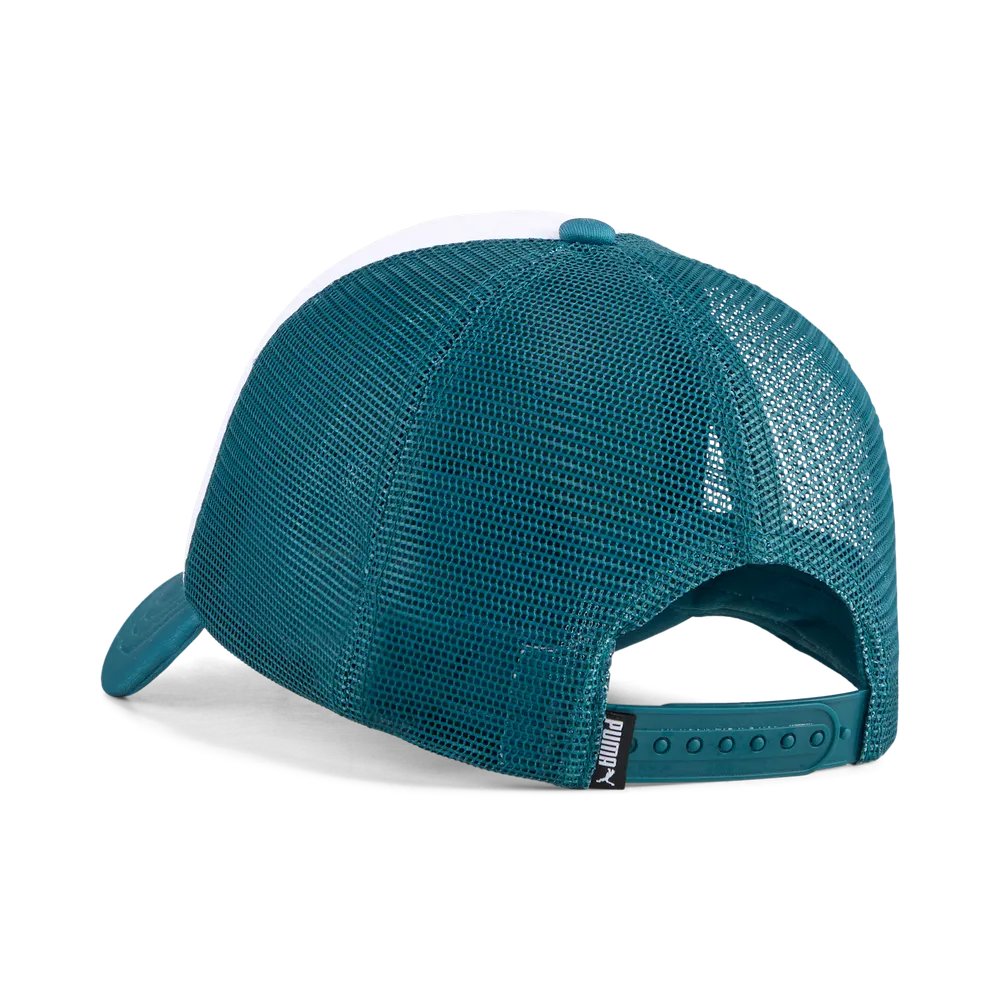 PUMA ESSENTIAL TRUCKER CAP - Emerald Ice/White, angled top view isolated