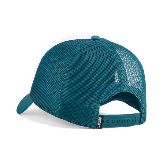PUMA ESSENTIAL TRUCKER CAP - Emerald Ice/White, angled top view isolated