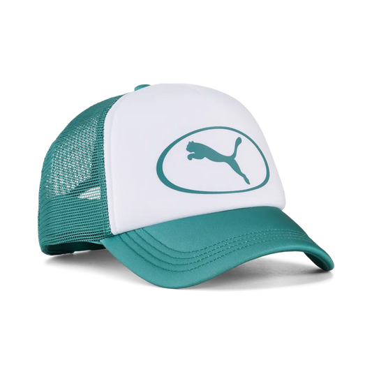 PUMA ESSENTIAL TRUCKER CAP - Emerald Ice/White, front view isolated