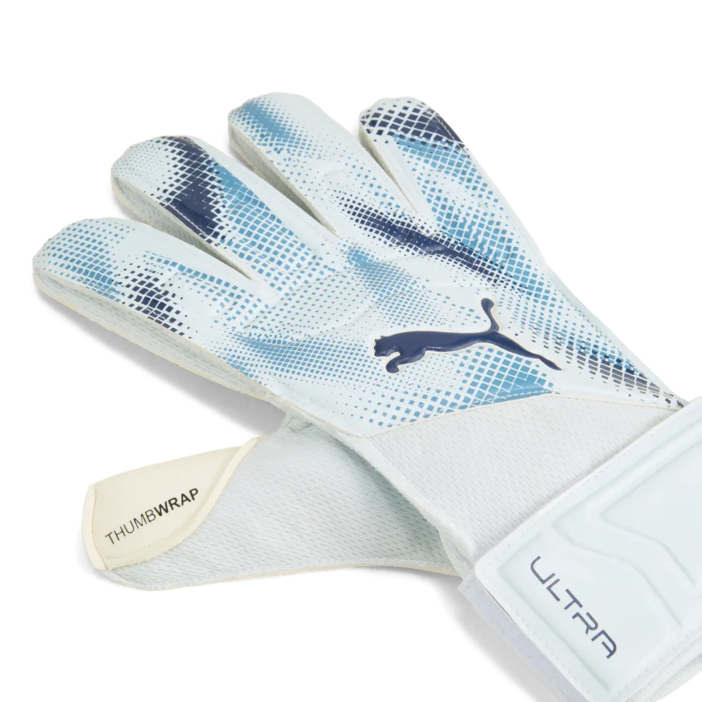 PUMA ULTRA PLAY RC GOAL KEEPER GLOVES - Icy Blue/Blue Jewel, back view showing thumb wrap and PUMA logo