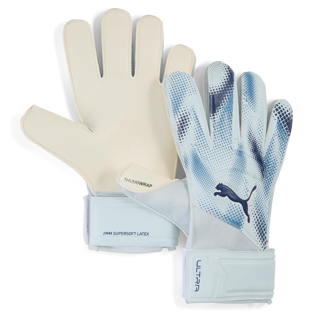 PUMA ULTRA PLAY RC GOAL KEEPER GLOVES - Icy Blue/Blue Jewel, front view isolated showing palm and backhand