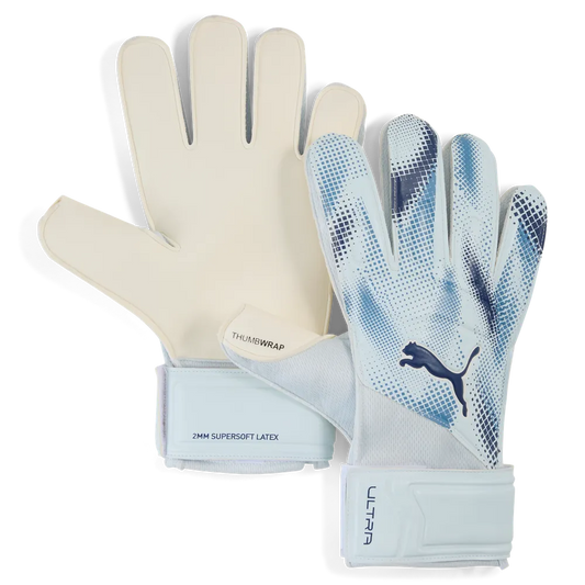PUMA ULTRA PLAY RC GOAL KEEPER GLOVES - Icy Blue/Blue Jewel, front view isolated showing palm and backhand