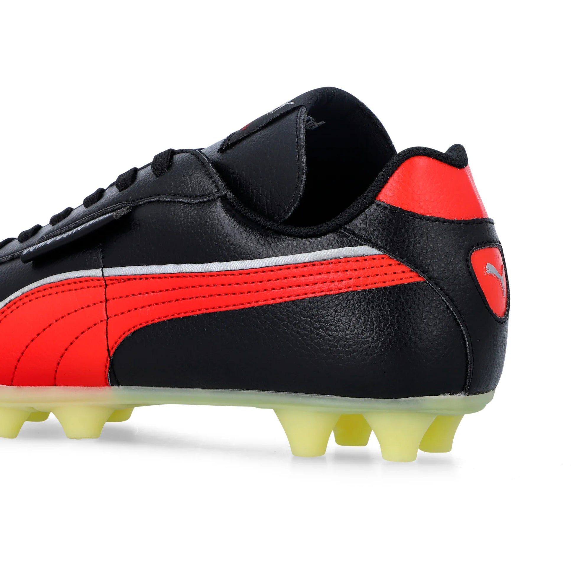 PUMA JOMO SONO KING - Black/Red, back view showing leather upper, Puma badge and yellow studs