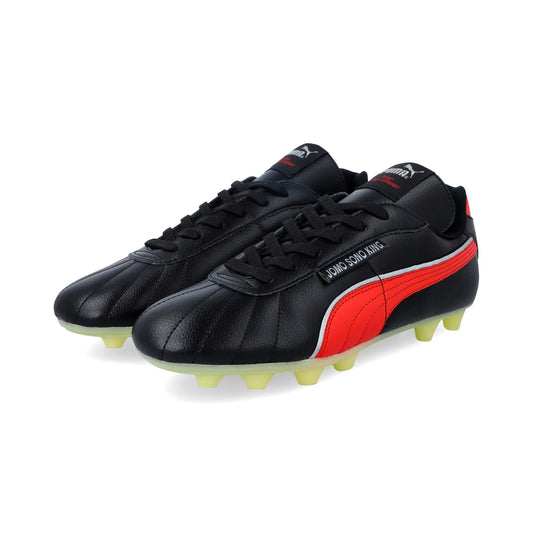 PUMA JOMO SONO KING - Black/Red, front view pair showing full leather upper and yellow firm ground studs