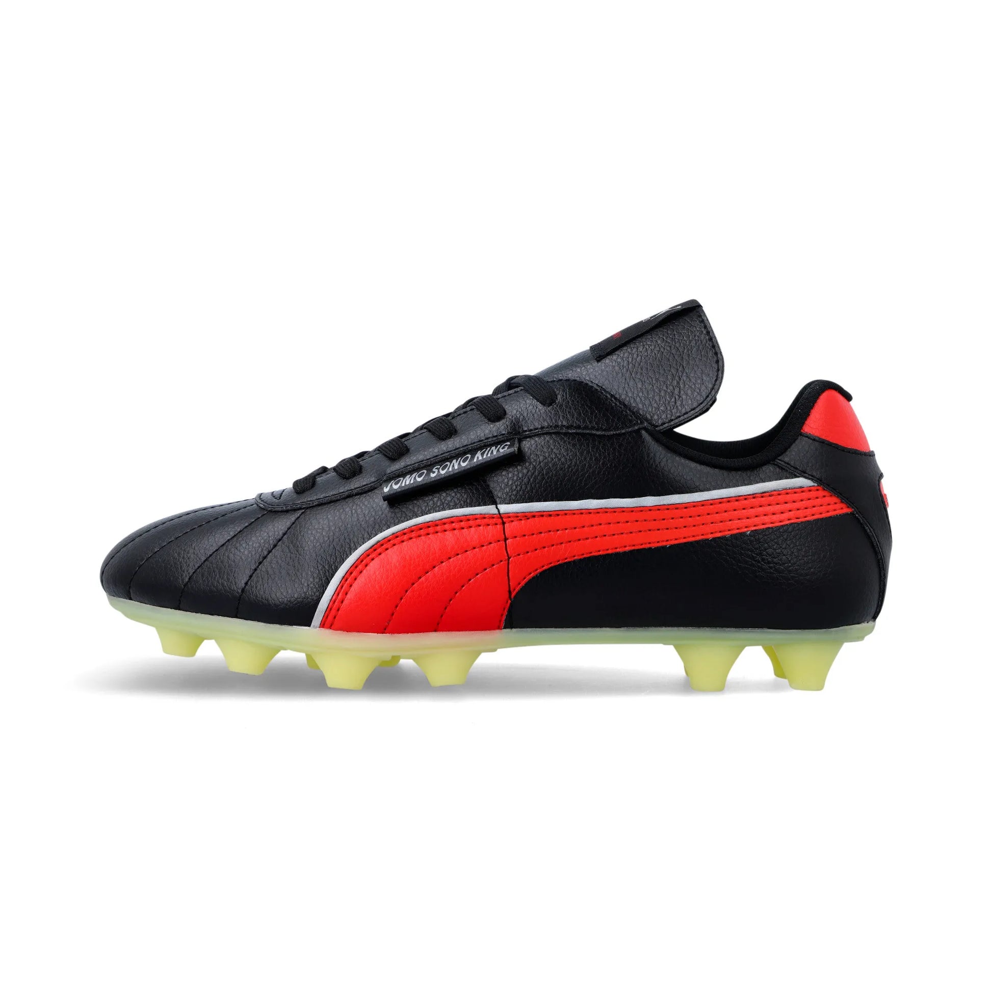 PUMA JOMO SONO KING - Black/Red, lateral side view showing red Puma stripe on leather upper