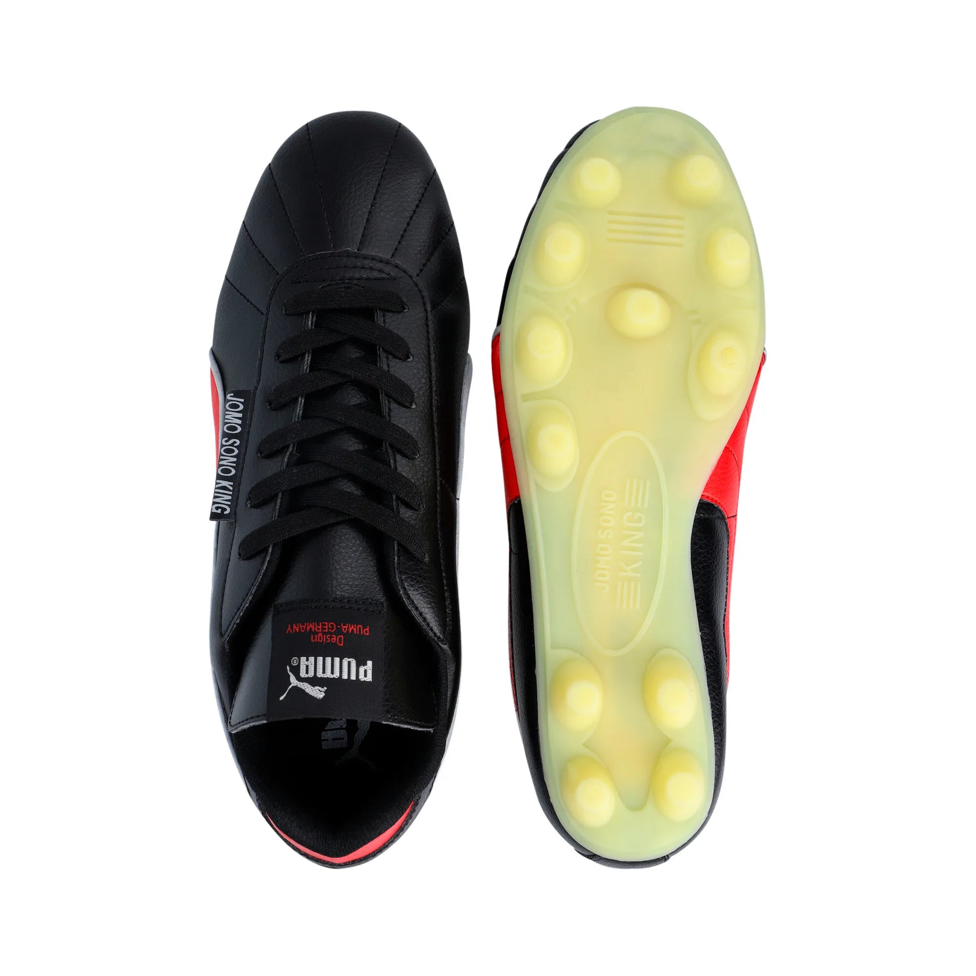 PUMA JOMO SONO KING - Black/Red, top view and sole showing yellow firm ground stud configuration