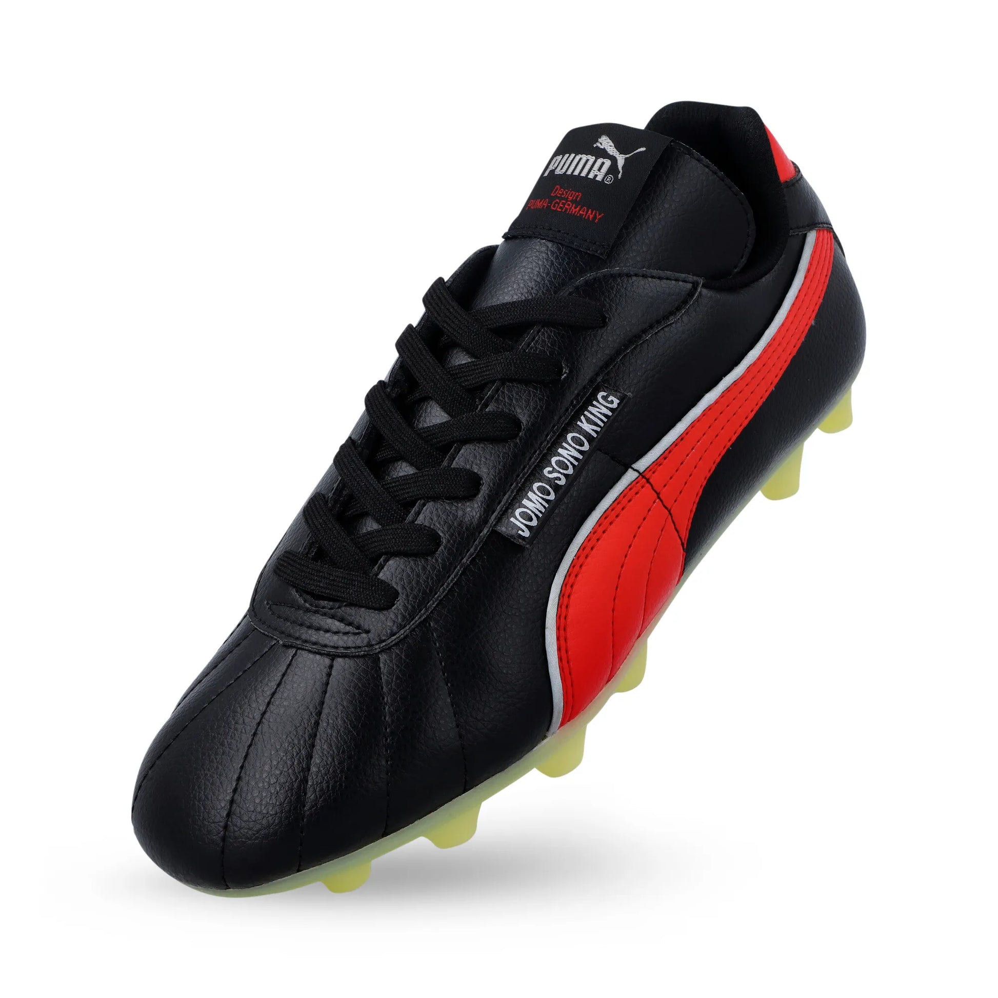 PUMA JOMO SONO KING - Black/Red, angled view showing JOMO SONO KING branding on leather upper