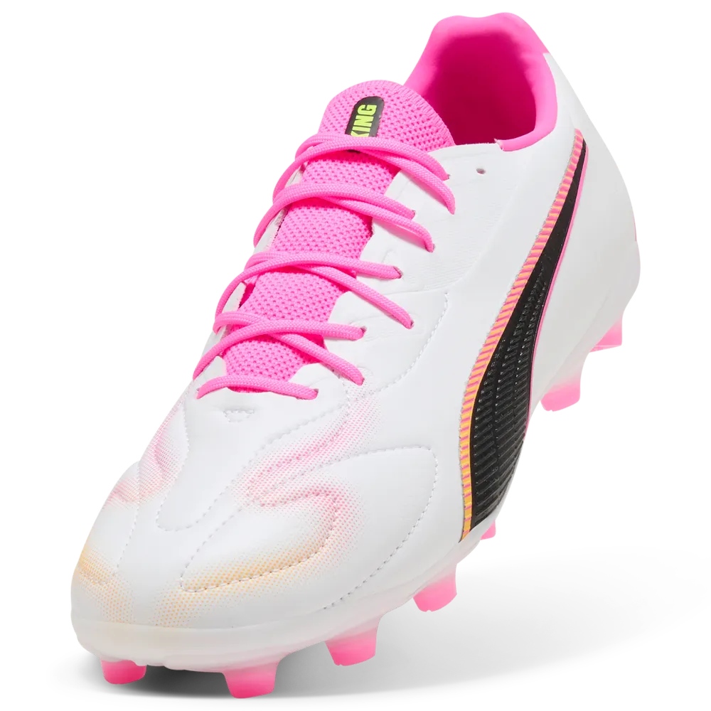 PUMA KING 20 MATCH FG/AG Mens Soccer Cleats - White/Poison Pink, close-up front view