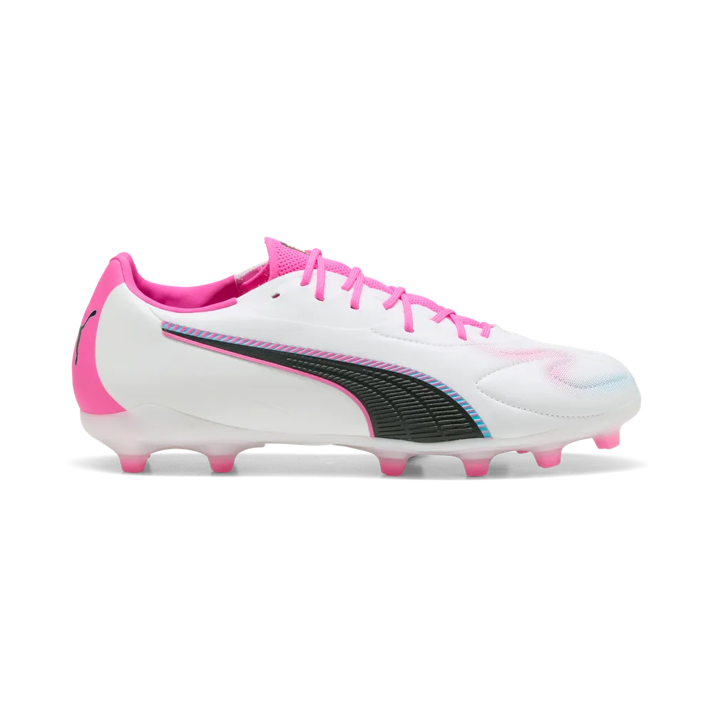 PUMA KING 20 MATCH FG/AG Mens Soccer Cleats - White/Poison Pink, angled side view