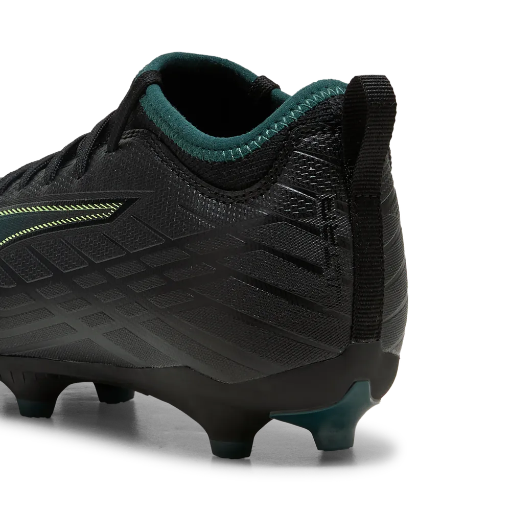 PUMA ULTRA 6 Match FG/AG Junior Soccer Cleats - Black/Green Terrain, back heel view