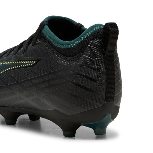 PUMA ULTRA 6 Match FG/AG Junior Soccer Cleats - Black/Green Terrain, back heel view