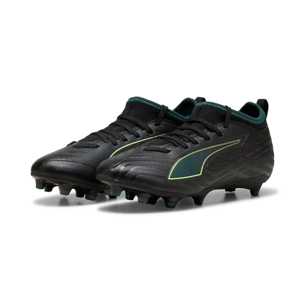 PUMA ULTRA 6 Match FG/AG Junior Soccer Cleats - Black/Green Terrain, side view pair