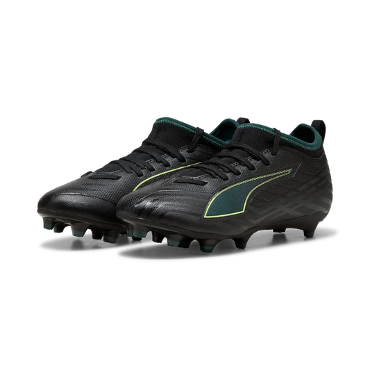 PUMA ULTRA 6 Match FG/AG Junior Soccer Cleats - Black/Green Terrain, side view pair