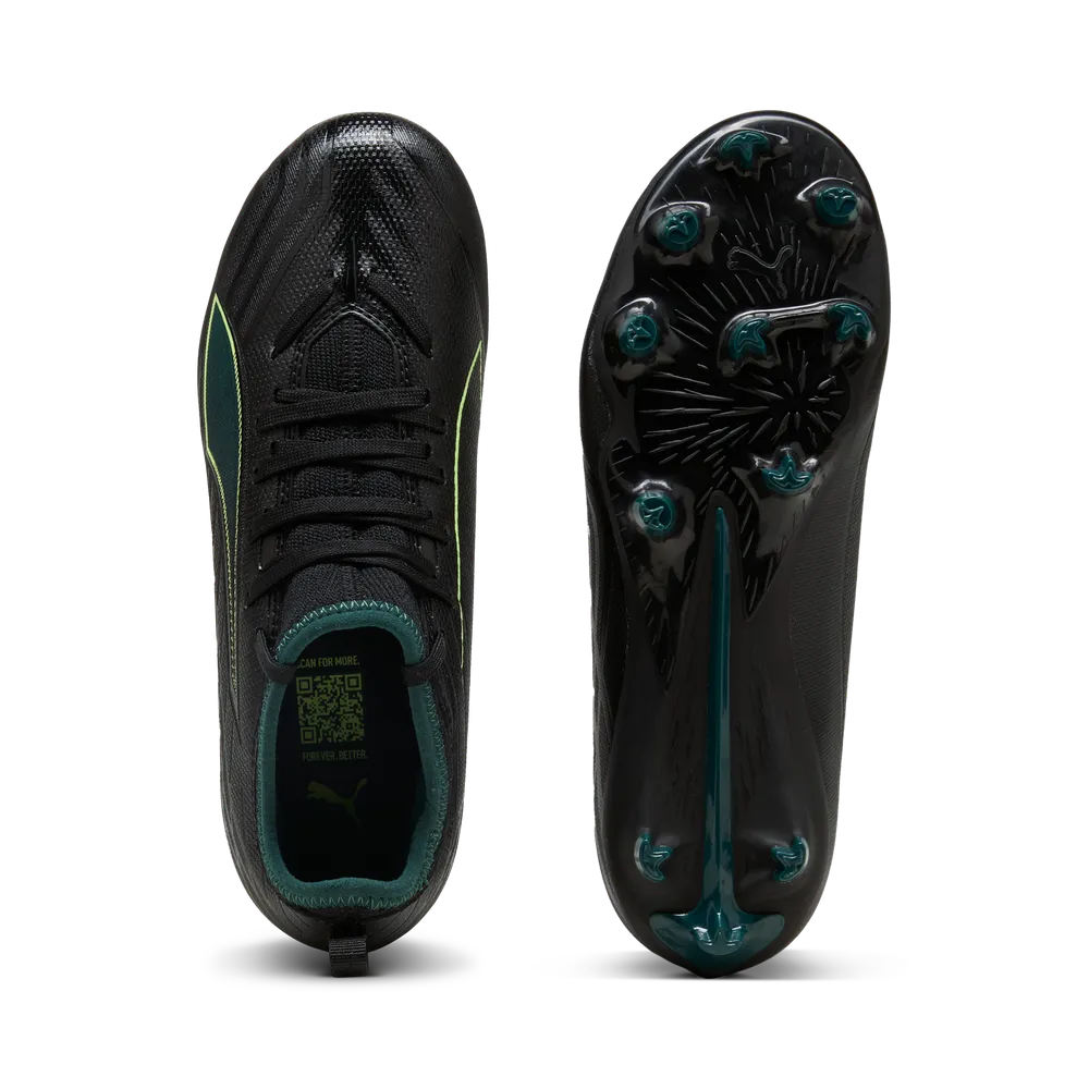 PUMA ULTRA 6 Match FG/AG Junior Soccer Cleats - Black/Green Terrain, top and sole view