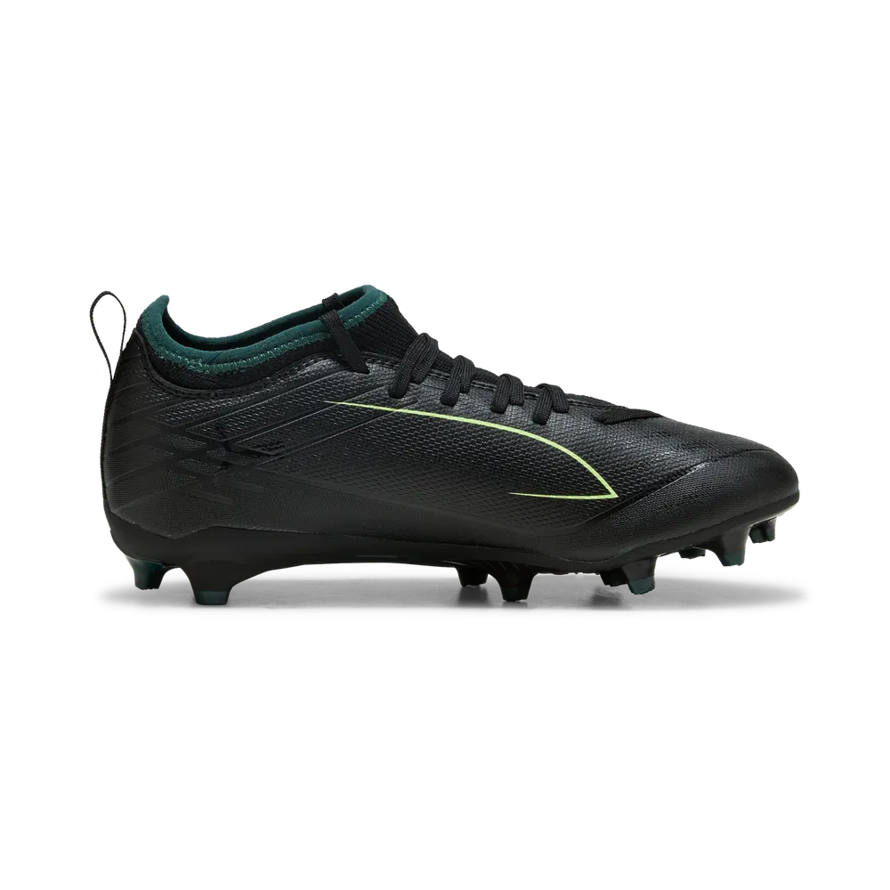 PUMA ULTRA 6 Match FG/AG Junior Soccer Cleats - Black/Green Terrain, angled side view