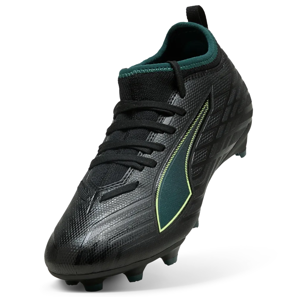 PUMA ULTRA 6 Match FG/AG Junior Soccer Cleats - Black/Green Terrain, front angled view