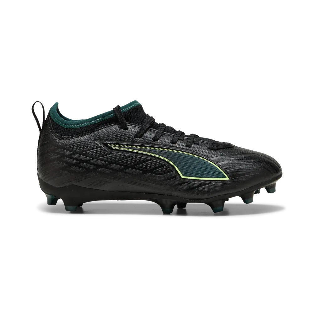 PUMA ULTRA 6 Match FG/AG Junior Soccer Cleats - Black/Green Terrain, side profile view