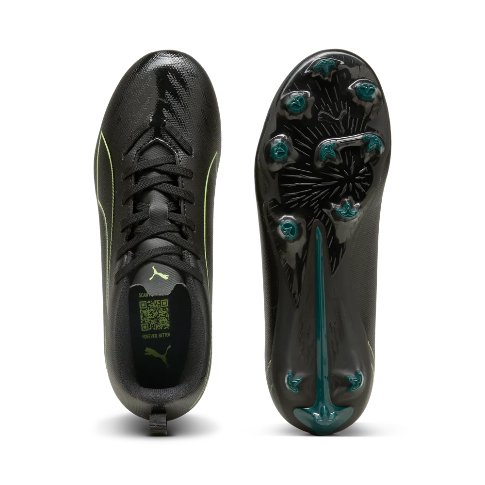 PUMA ULTRA 6 Play FG/AG Junior Soccer Cleats - Black/Green Terrain, top and sole view