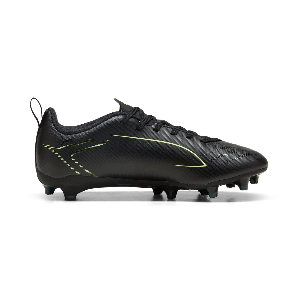 PUMA ULTRA 6 Play FG/AG Junior Soccer Cleats - Black/Green Terrain, angled side view