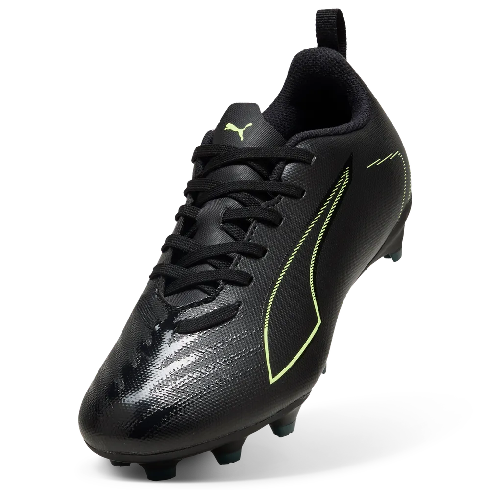 PUMA ULTRA 6 Play FG/AG Junior Soccer Cleats - Black/Green Terrain, front side view