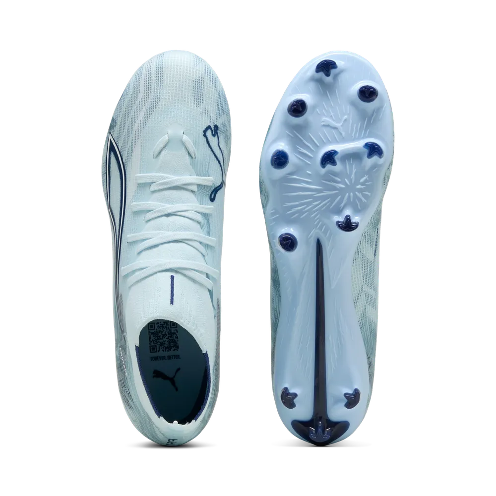 PUMA ULTRA 6 MATCH + FG/AG MENS - Icy Blue/Blue Jewel, top view and sole showing FastTrax stud configuration