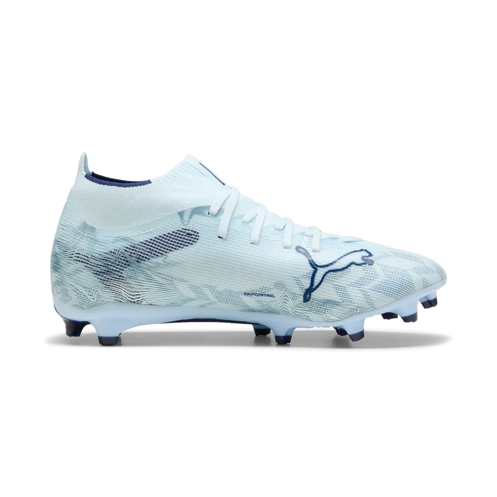 PUMA ULTRA 6 MATCH + FG/AG MENS - Icy Blue/Blue Jewel, lateral side view showing mesh upper and Puma logo
