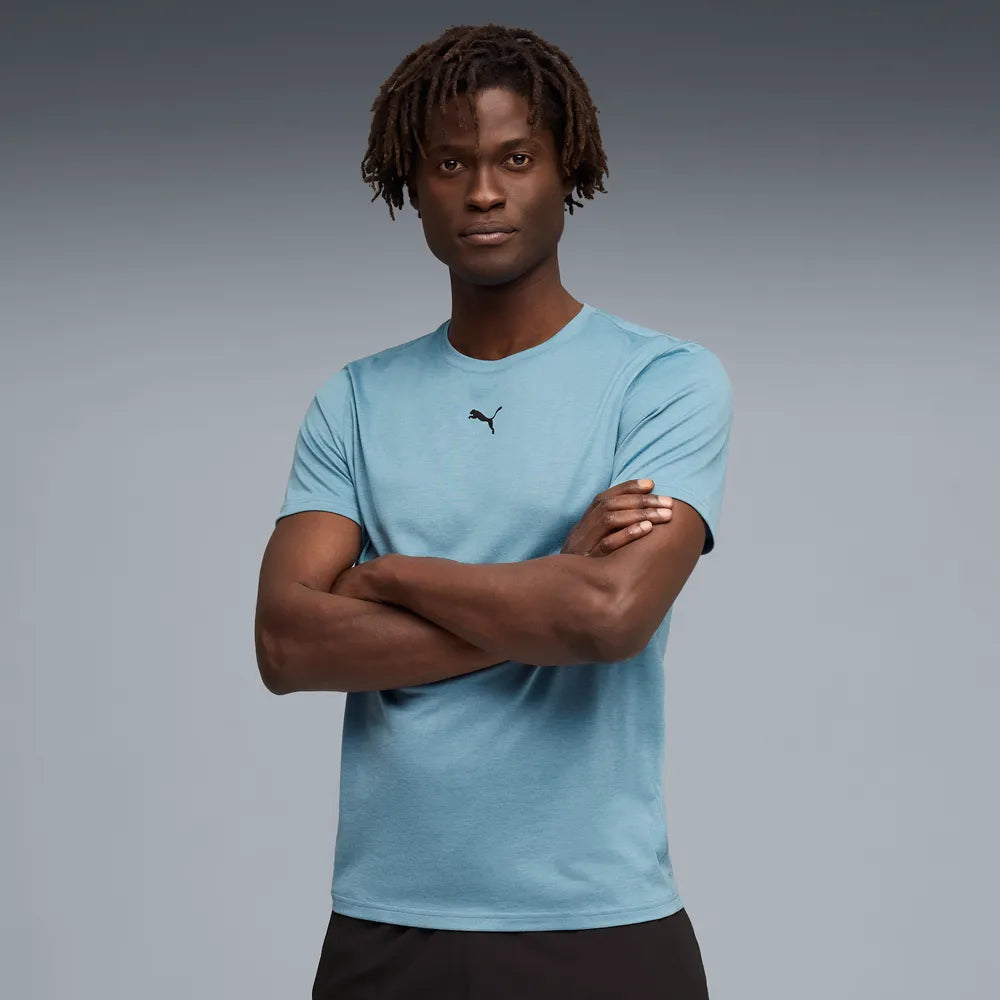 PUMA TAD Essential Short Sleeve Tee Mens - Baltic Sea Blue, model wearing tee with arms crossed