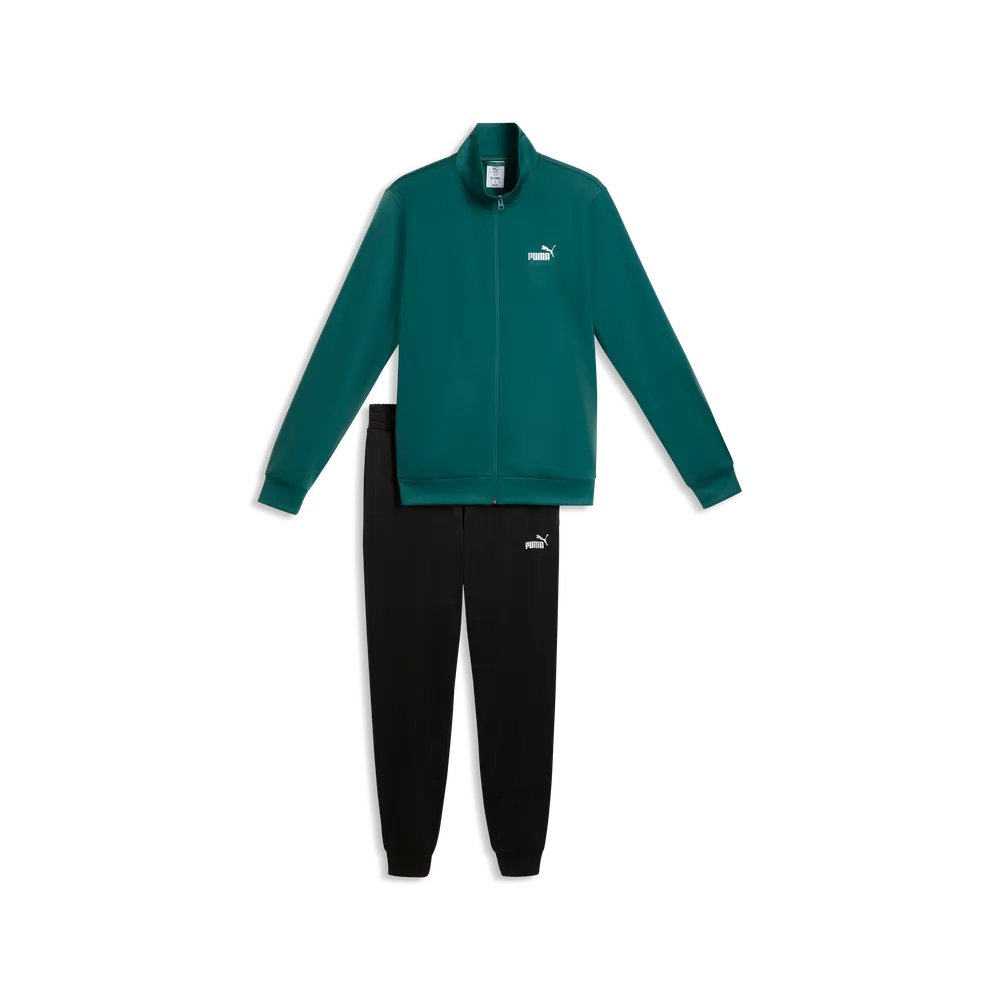 PUMA ESSENTIAL POLY FULL TRACKSUIT MENS - Emerald Ice/Black, front view isolated jacket and pants