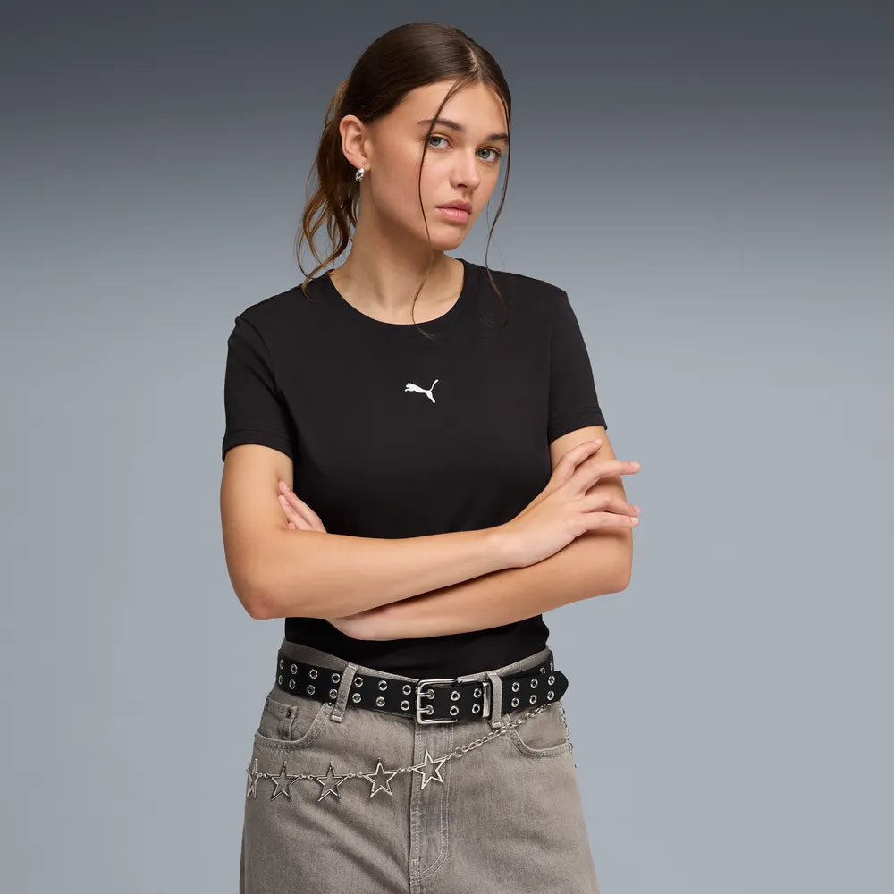 PUMA ESSENTIAL CENTERED CAT SHORT SLEEVE TEE LADIES - Black, lifestyle front view worn by model