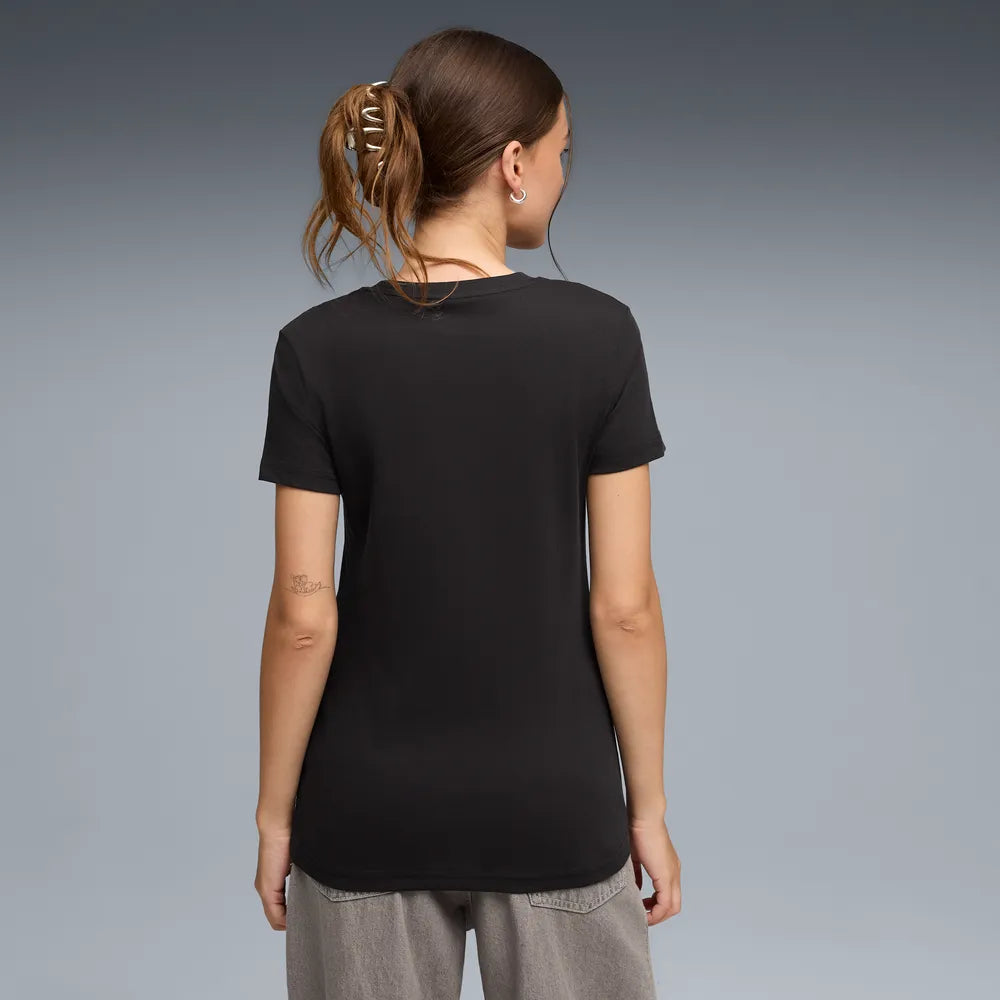 PUMA ESSENTIAL CENTERED CAT SHORT SLEEVE TEE LADIES - Black, lifestyle back view worn by model