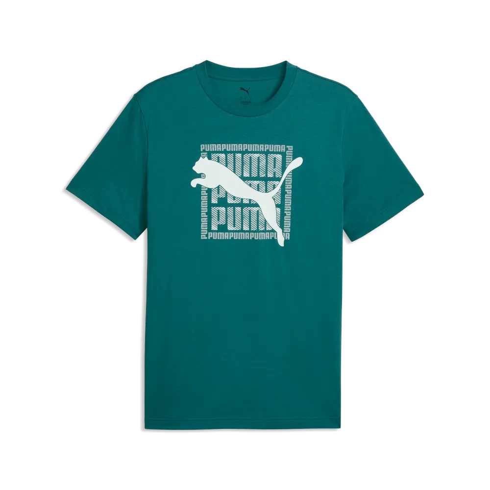 PUMA GRAPHIC WORDING SHORT SLEEVE TEE MENS - Emerald Ice, front view isolated with PUMA graphic print
