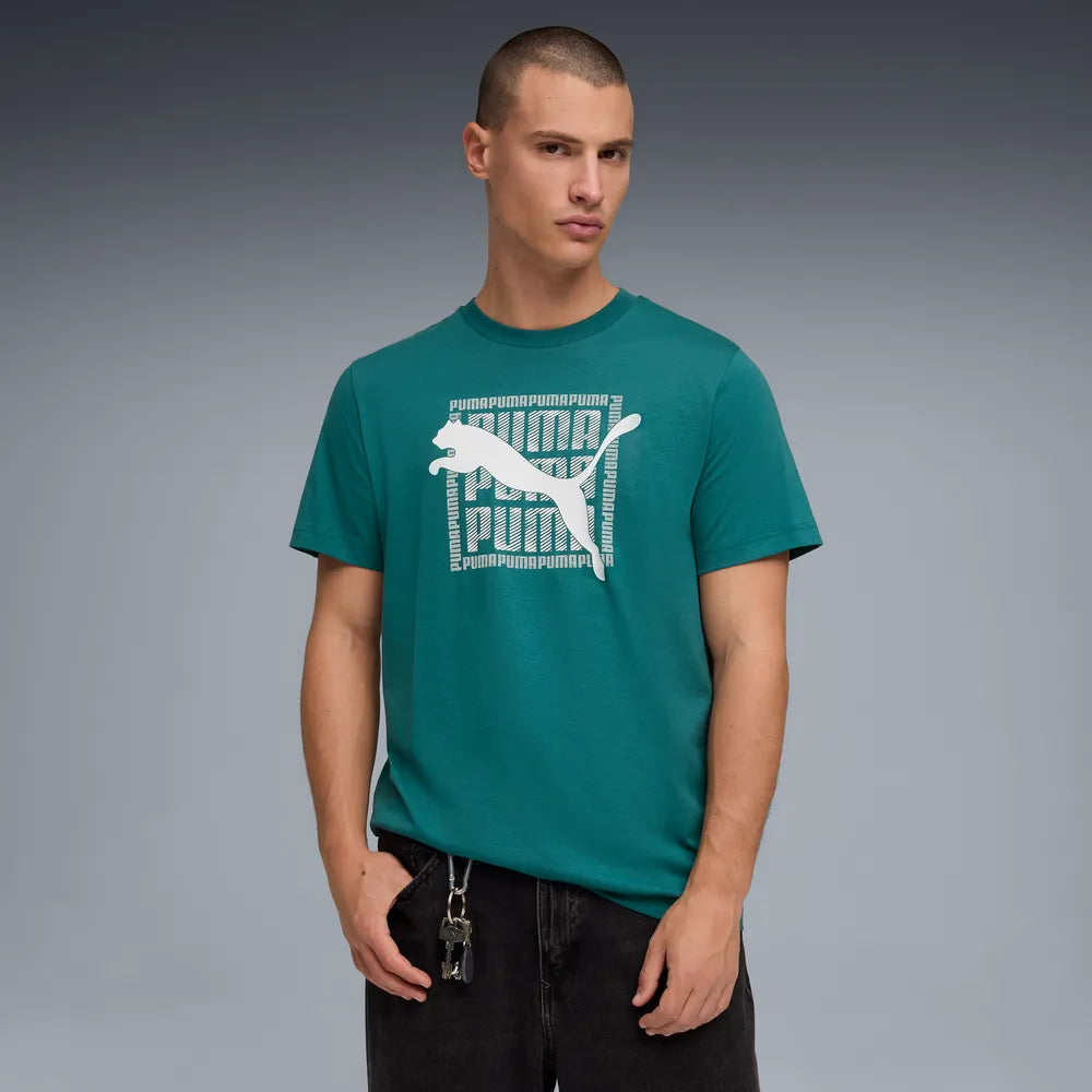 PUMA GRAPHIC WORDING SHORT SLEEVE TEE MENS - Emerald Ice, lifestyle front view worn by model