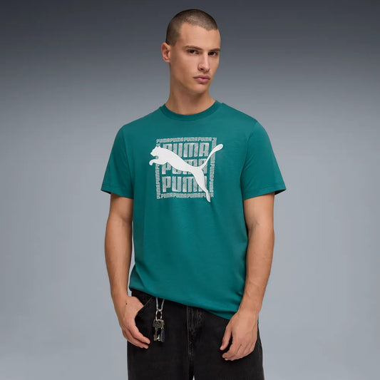 PUMA GRAPHIC WORDING SHORT SLEEVE TEE MENS - Emerald Ice, lifestyle front view worn by model